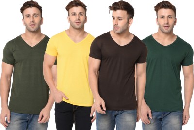 Adorbs Solid Men V Neck Dark Green, Brown, Yellow T-Shirt