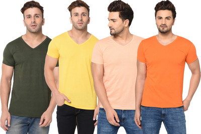 Jangoboy Solid Men V Neck Dark Green, Orange, Yellow T-Shirt