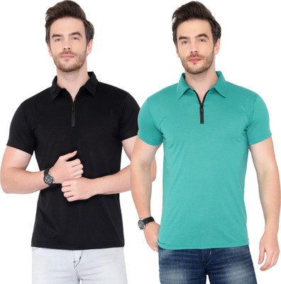 Behemoth Solid Men Polo Neck Black, Light Green T-Shirt