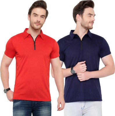 Behemoth Solid Men Polo Neck Dark Blue, Red T-Shirt