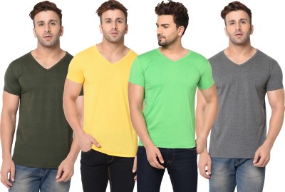 Unite Wear Solid Men V Neck Dark Green, Grey, Yellow T-Shirt