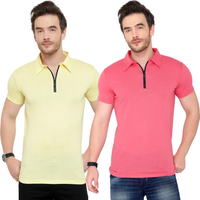 Jangoboy Solid Men Polo Neck Pink, Yellow T-Shirt