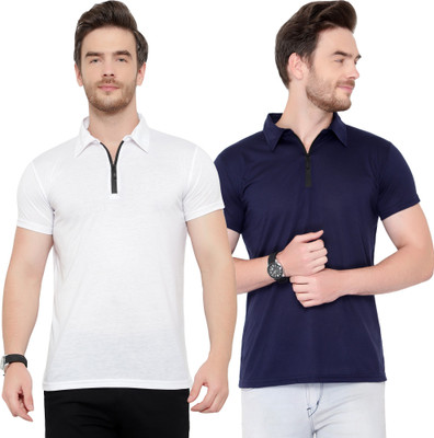 Jangoboy Solid Men Polo Neck Dark Blue, White T-Shirt