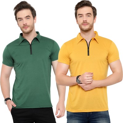 Adorbs Solid Men Polo Neck Dark Green, Gold T-Shirt