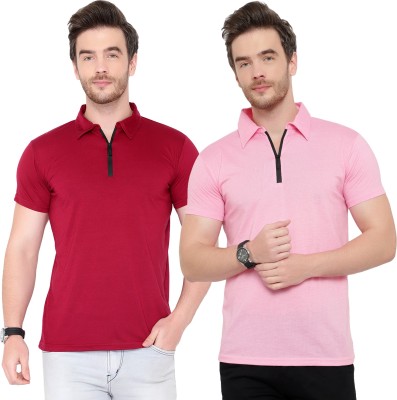 Jangoboy Solid Men Polo Neck Maroon, Pink T-Shirt