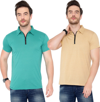 Jaskart Solid Men Polo Neck Beige, Light Green T-Shirt