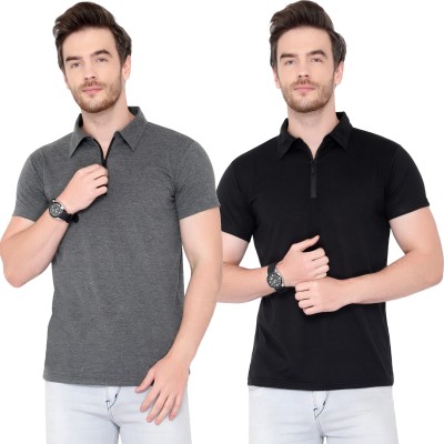 Tivy Solid Men Polo Neck Black, Grey T-Shirt