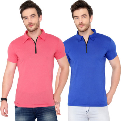 Adorbs Solid Men Polo Neck Blue, Pink T-Shirt