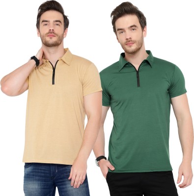 Jaskart Solid Men Polo Neck Dark Green, Beige T-Shirt