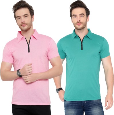 Bribzy Solid Men Polo Neck Green, Pink T-Shirt