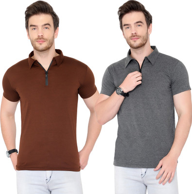 Unite Wear Solid Men Polo Neck Brown, Grey T-Shirt