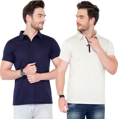 Moordale Solid Men Polo Neck Dark Blue, Grey T-Shirt