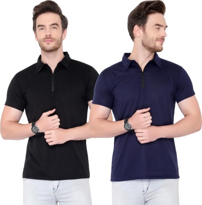 Moordale Solid Men Polo Neck Dark Blue, Black T-Shirt