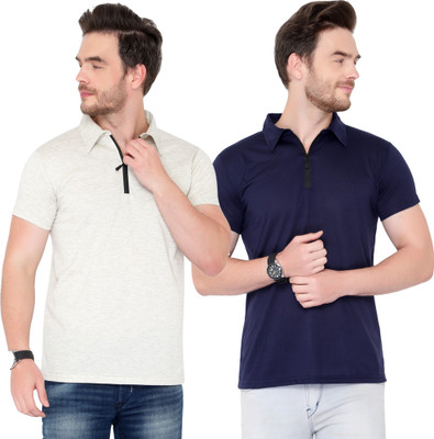 Behemoth Solid Men Polo Neck Dark Blue, Grey T-Shirt