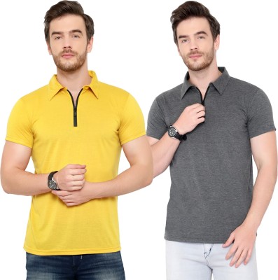 Jangoboy Solid Men Polo Neck Grey, Yellow T-Shirt