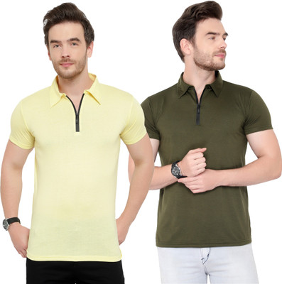 Jangoboy Solid Men Polo Neck Green, Yellow T-Shirt