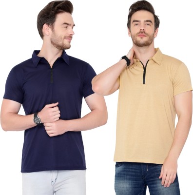 Adorbs Solid Men Polo Neck Dark Blue, Beige T-Shirt