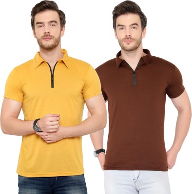 Tivy Solid Men Polo Neck Brown, Yellow T-Shirt