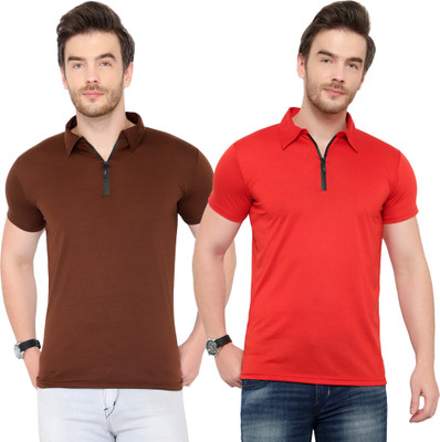 Jangoboy Solid Men Polo Neck Red, Brown T-Shirt