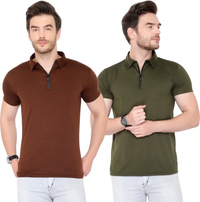 Bribzy Solid Men Polo Neck Green, Brown T-Shirt