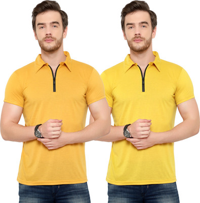 Jaskart Solid Men Polo Neck Gold, Yellow T-Shirt