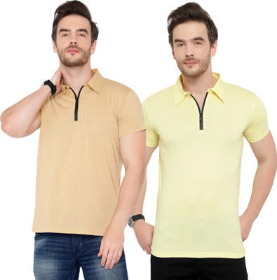 Adorbs Solid Men Polo Neck Beige, Yellow T-Shirt