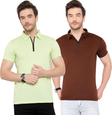 Jangoboy Solid Men Polo Neck Brown, Light Green T-Shirt
