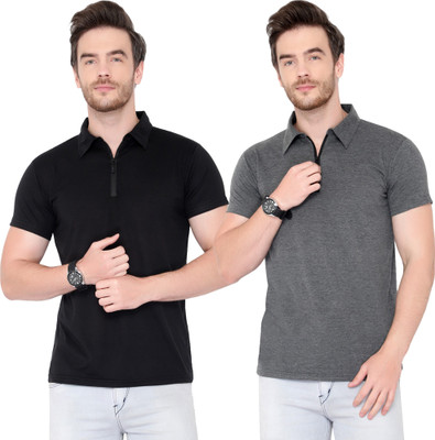 Moordale Solid Men Polo Neck Black, Grey T-Shirt