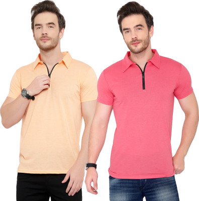 Behemoth Solid Men Polo Neck Pink, Beige T-Shirt