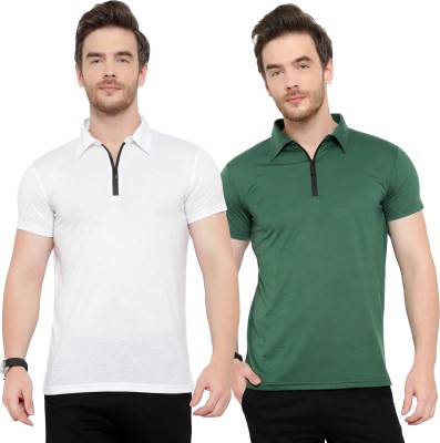 Tivy Solid Men Polo Neck Dark Green, White T-Shirt