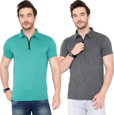 Tivy Solid Men Polo Neck Grey, Light Green T-Shirt