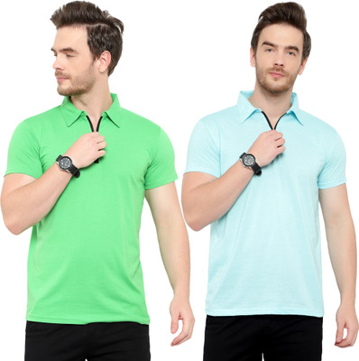 Adorbs Solid Men Polo Neck Light Blue, Green T-Shirt