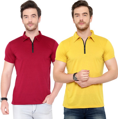 Jaskart Solid Men Polo Neck Maroon, Yellow T-Shirt