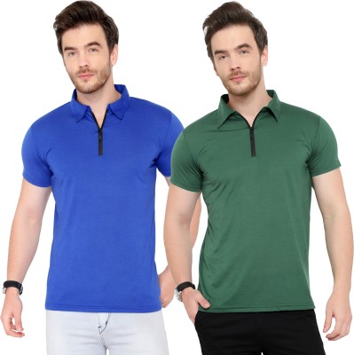 PHINSTAR Solid Men Polo Neck Dark Green, Blue T-Shirt