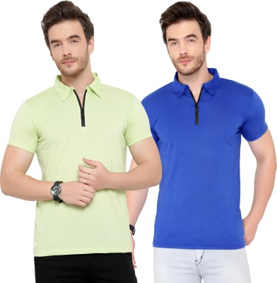 Adorbs Solid Men Polo Neck Blue, Light Green T-Shirt