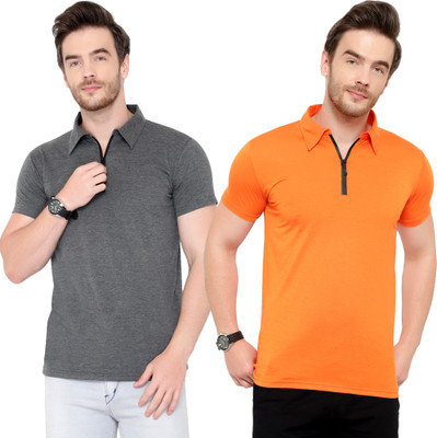 Moordale Solid Men Polo Neck Orange, Grey T-Shirt