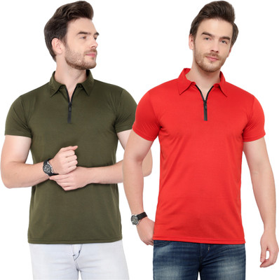 Moordale Solid Men Polo Neck Red, Green T-Shirt
