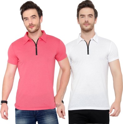 Jaskart Solid Men Polo Neck White, Pink T-Shirt