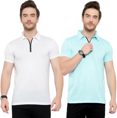 Jangoboy Solid Men Polo Neck White, Blue T-Shirt