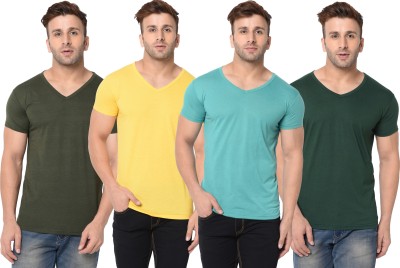 Adorbs Solid Men V Neck Light Blue, Dark Green, Yellow T-Shirt