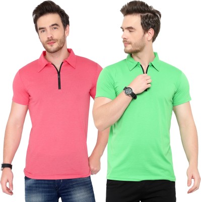 Adorbs Solid Men Polo Neck Green, Pink T-Shirt