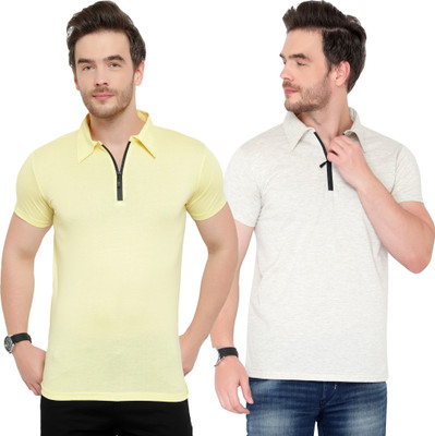 Tivy Solid Men Polo Neck Grey, Yellow T-Shirt