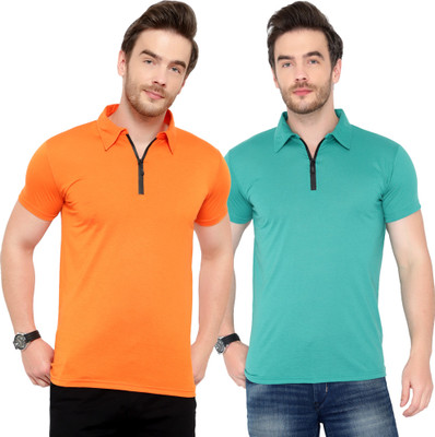 Moordale Solid Men Polo Neck Orange, Light Green T-Shirt