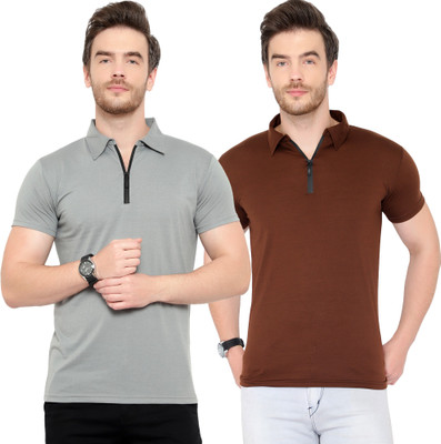 Moordale Solid Men Polo Neck Silver, Brown T-Shirt