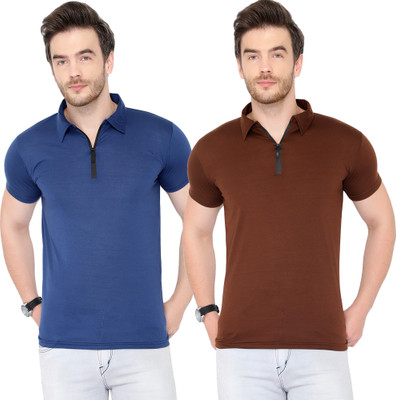 Unite Wear Solid Men Polo Neck Brown, Blue T-Shirt