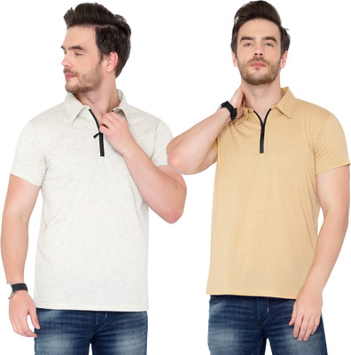 Jaskart Solid Men Polo Neck Grey, Beige T-Shirt