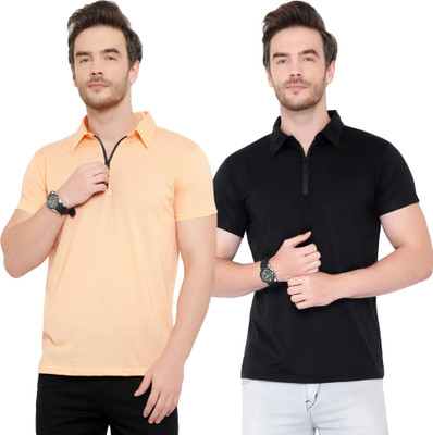 Jangoboy Solid Men Polo Neck Black, Beige T-Shirt