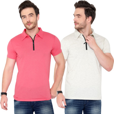 Jaskart Solid Men Polo Neck Pink, Grey T-Shirt