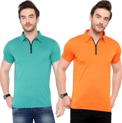 Jangoboy Solid Men Polo Neck Orange, Light Green T-Shirt