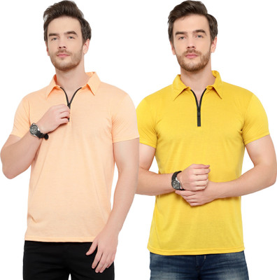 Adorbs Solid Men Polo Neck Beige, Yellow T-Shirt